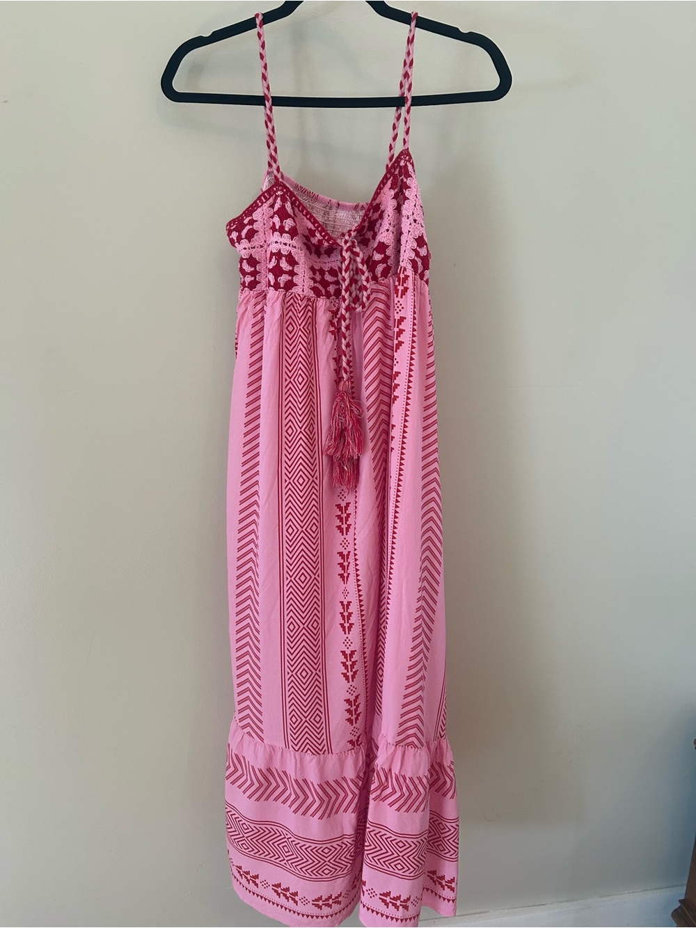 Pink Bohemian Maxi Dress with Crocheted Bodice
